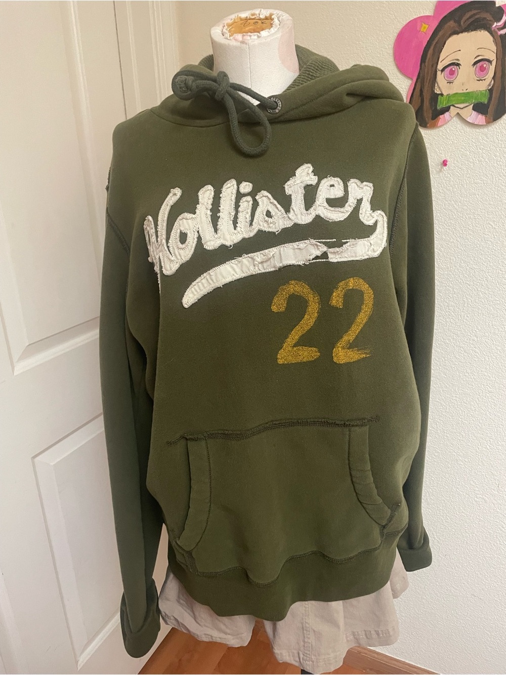Hollister Olive Green Logo Hoodie with Gold '22' Detail